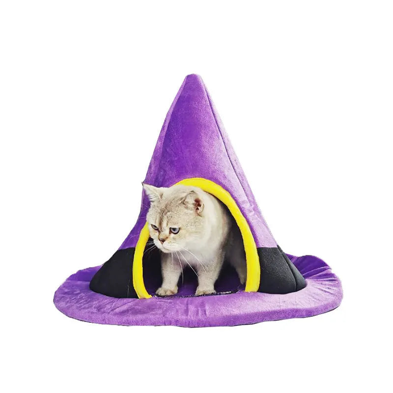 Purple Halloween witch hat shaped cat nest pet bed measuring 60 by 45 cm