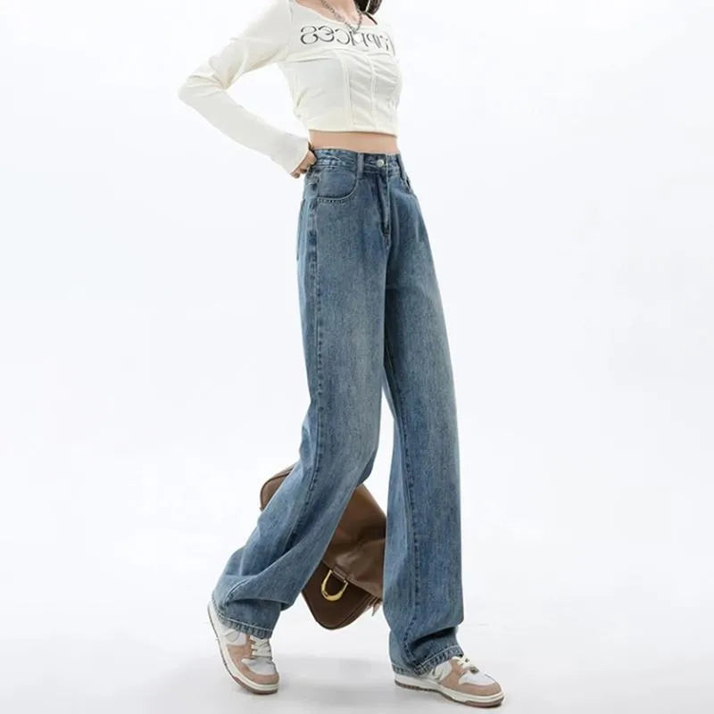Women's retro blue wide leg jeans with high waist and straight cut on hanger
