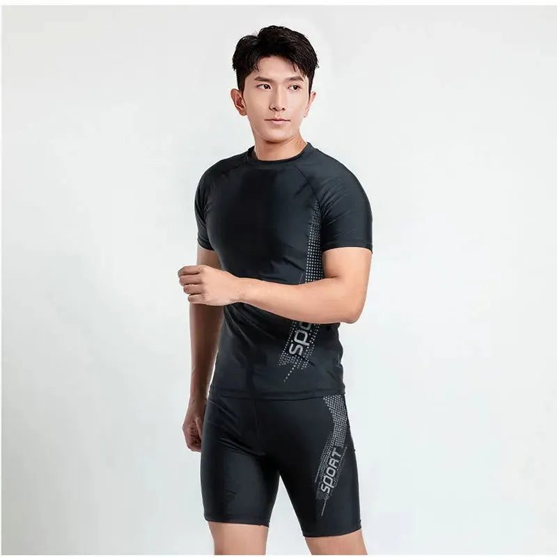 Men's patterned swimsuit set with matching top and swimming trunks in plus sizes