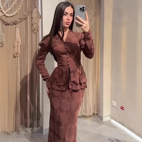 Dark brown artistic retro long sleeve dress with plant pattern and fake two-piece design.
