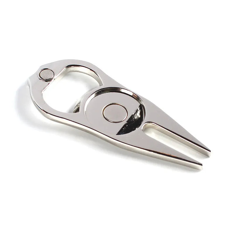 Zinc alloy golf accessory with ball yoke, bottle opener, and turf tool functions in black finish