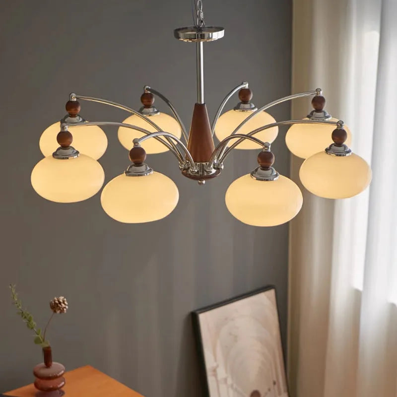 Creative persimmon glass chandelier with chrome fittings and multiple glass lampshades in middle ancient style
