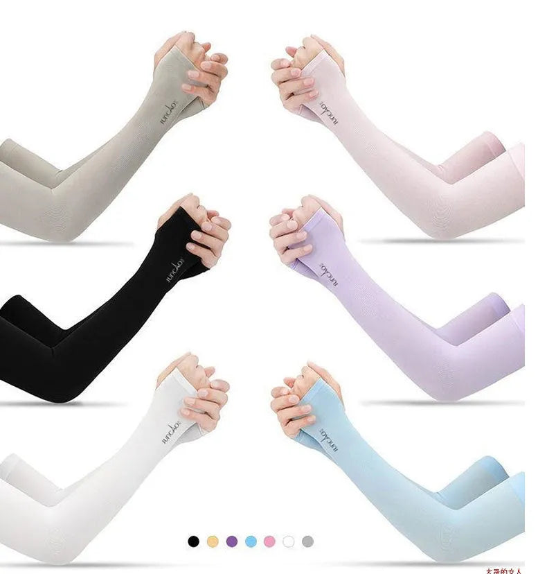 Open-finger nylon sun protection sleeve in a choice of colours on an arm.