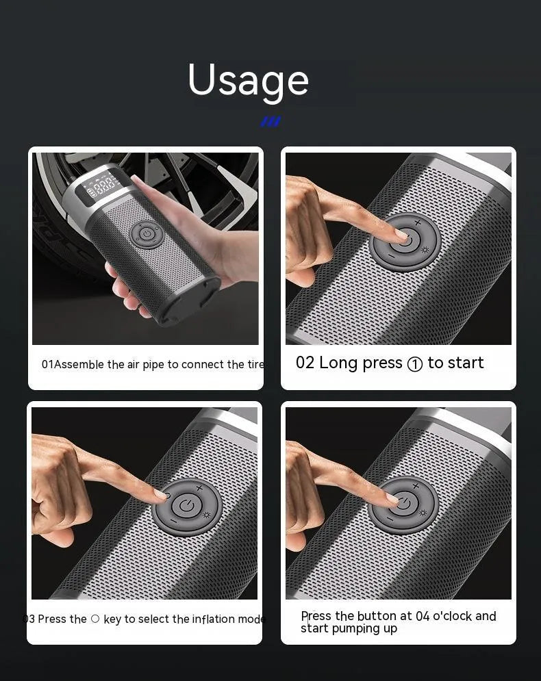 Black portable wireless smart air pump with USB Type-C charging cable, 15cm tube, and multiple inflation nozzles.