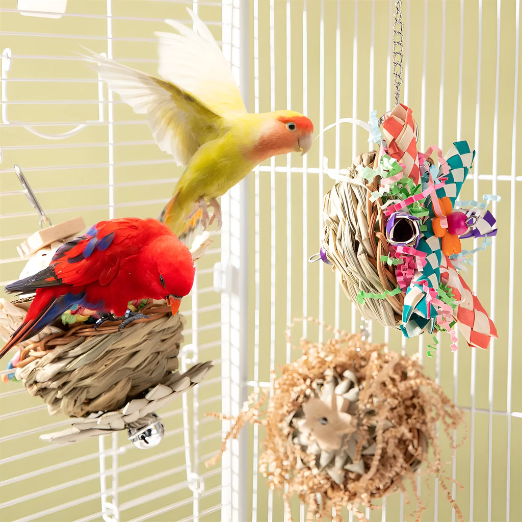 Parrot gnawing molar chew toy with wooden beads, rope, and metal bells in three configuration options
