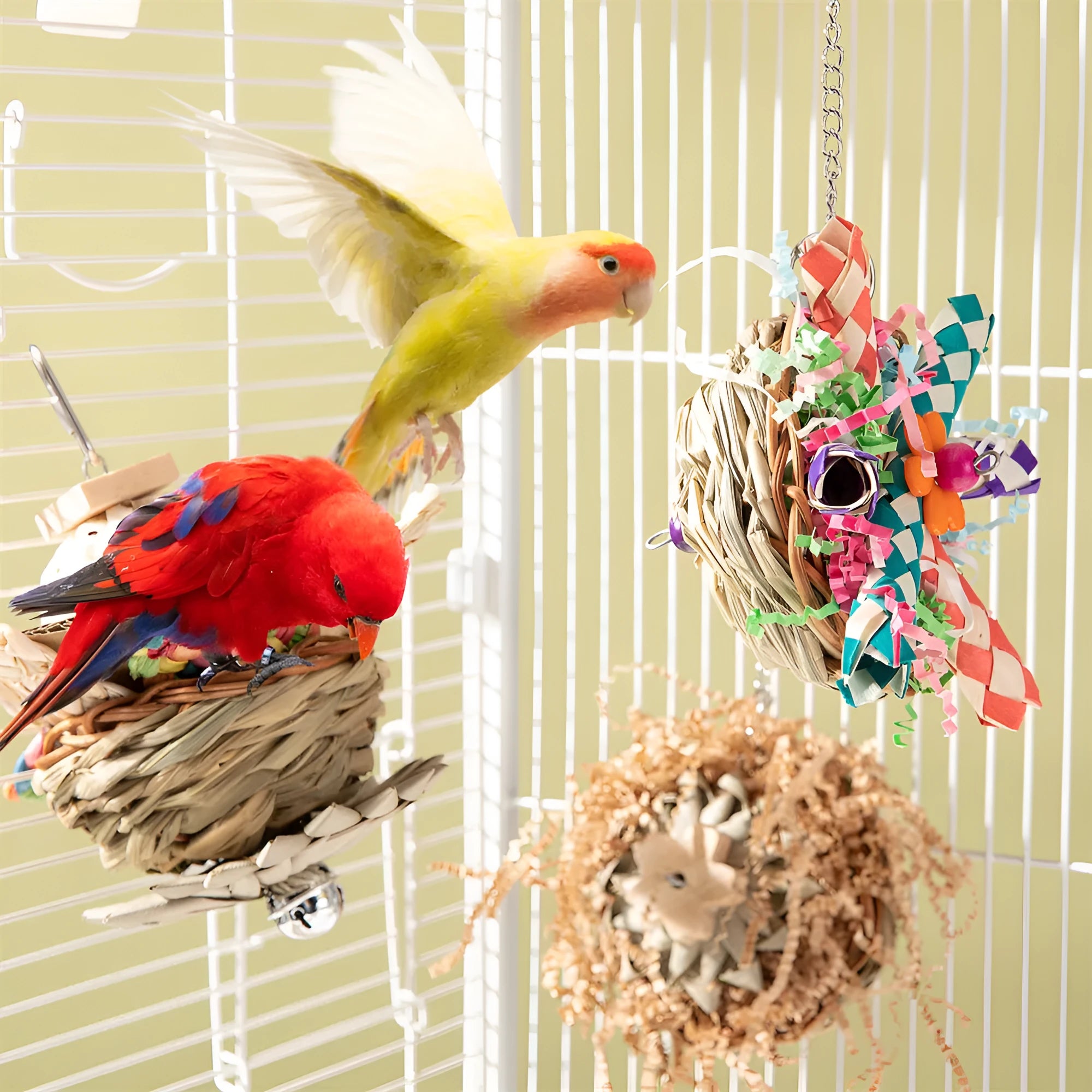 Parrot gnawing molar chew toy with wooden beads, rope, and metal bells in three configuration options