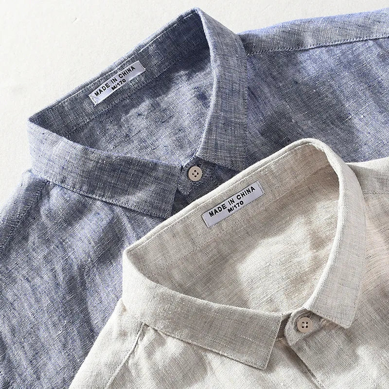 Men's raw jute coloured linen short sleeve shirt with square collar and button front.