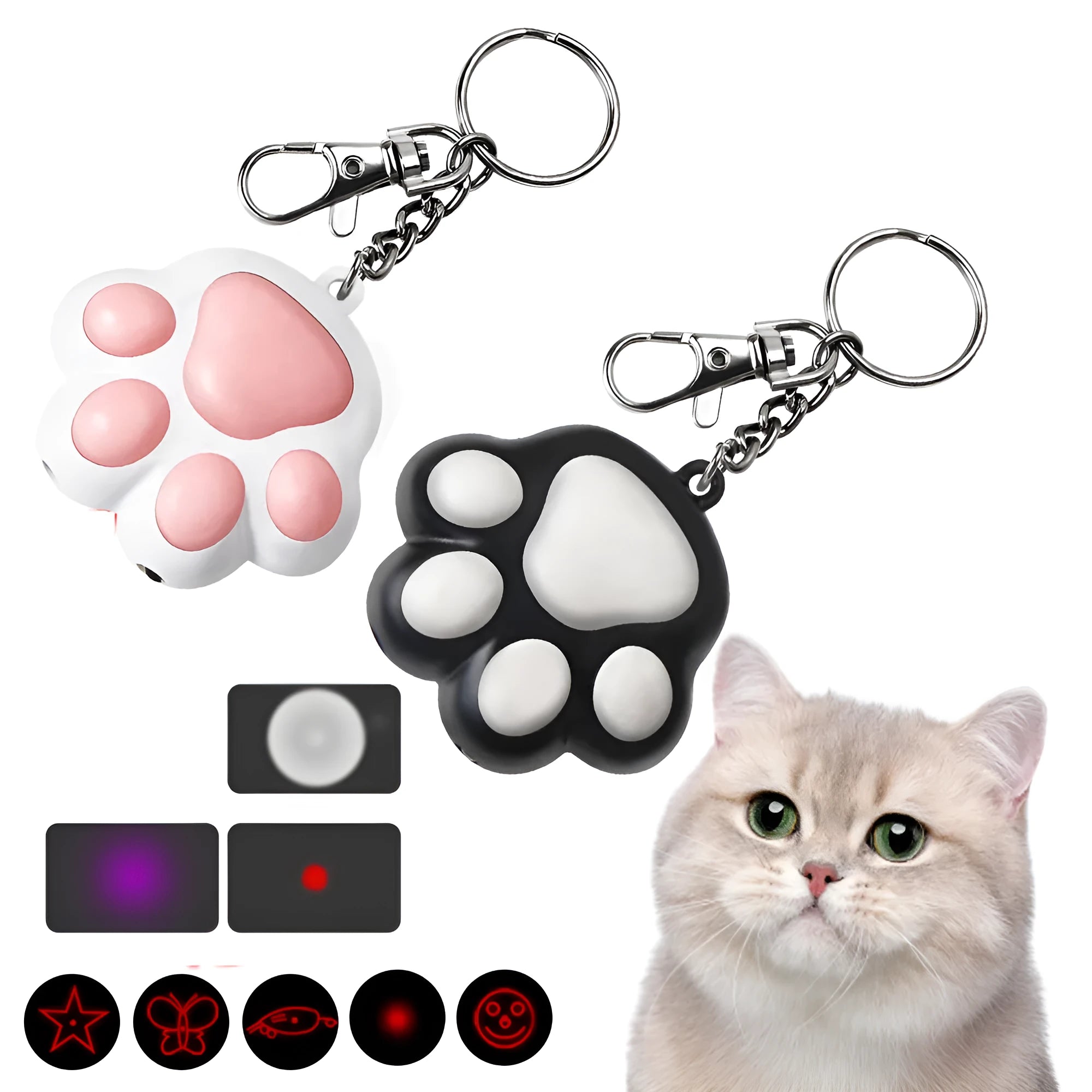 Pink and black plastic USB rechargeable infrared cat teaser toy on a keyring