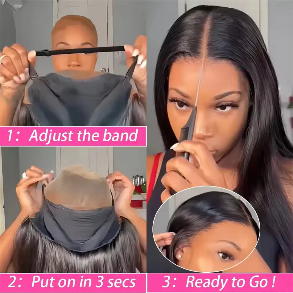 A long, straight, glueless human hair wig with side bangs, shown in a natural style.