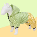 Green waterproof dog coat with four legs and cotton padding shown on a canine model