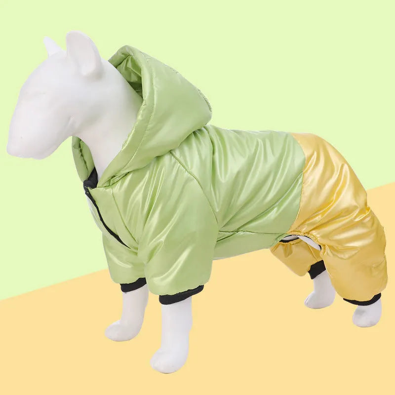 Green waterproof dog coat with four legs and cotton padding shown on a canine model