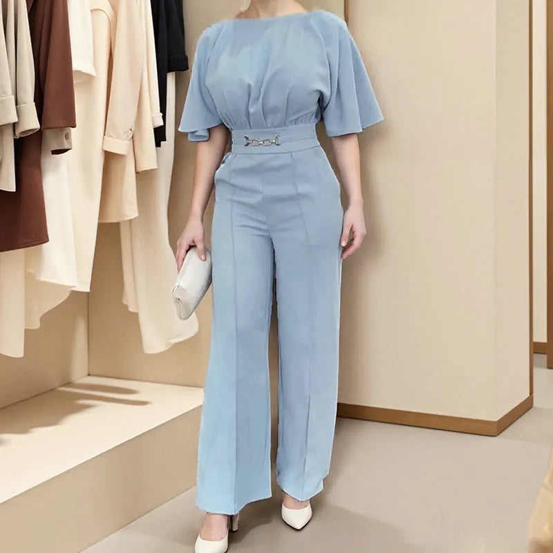 Blue polyester formal suit set with long-sleeve jacket and matching trousers in European American style