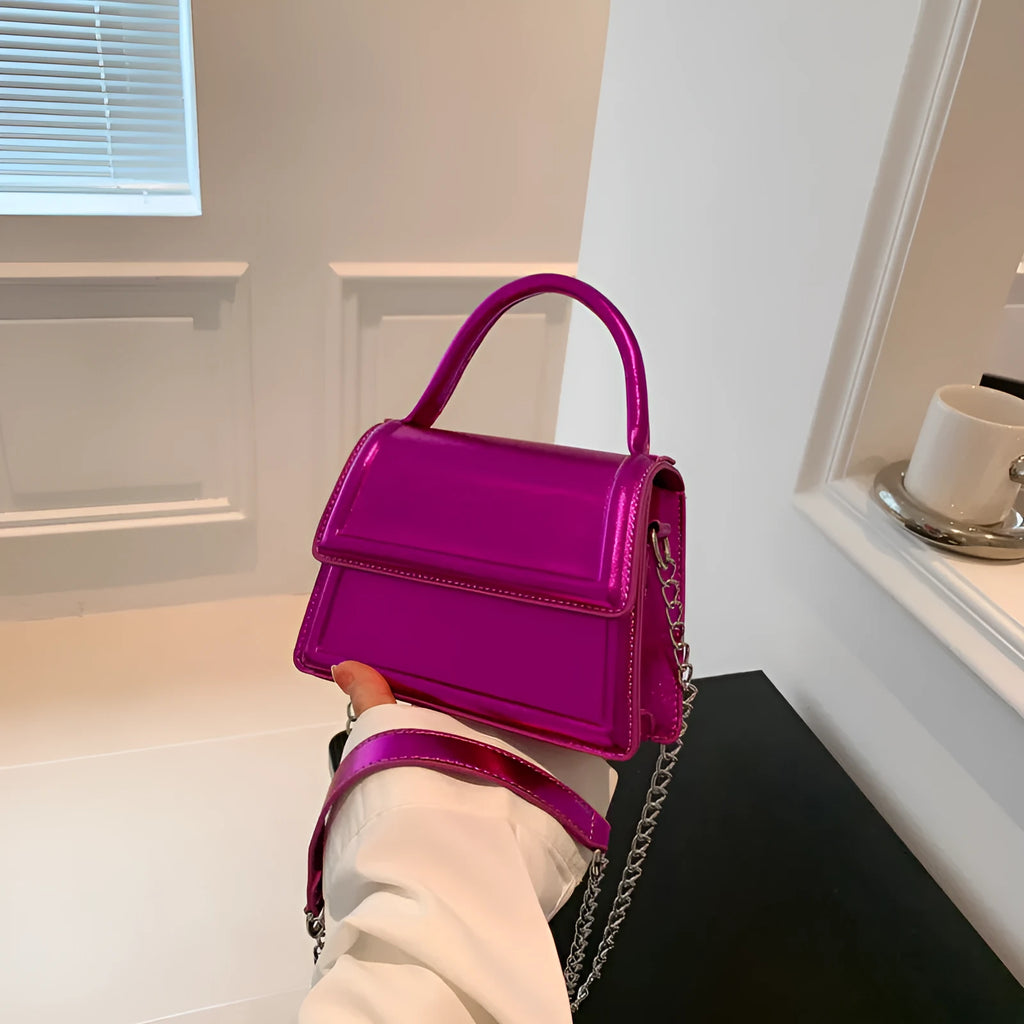 Retro PU leather crossbody shoulder bag in horizontal square shape showing sewing line details