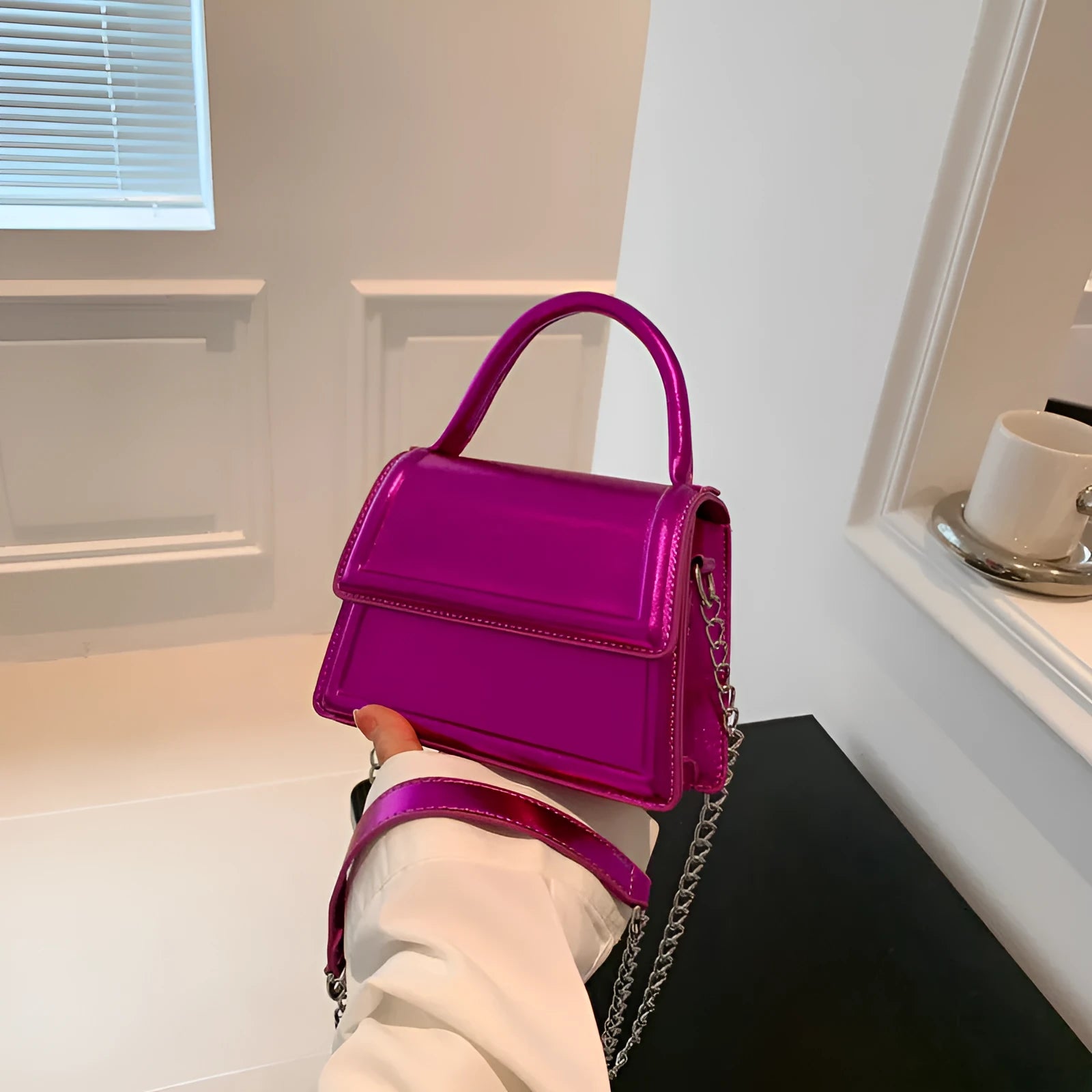 Retro PU leather crossbody shoulder bag in horizontal square shape showing sewing line details