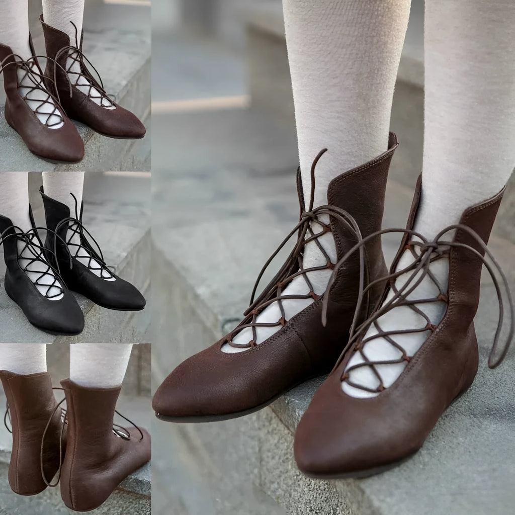 Women's low-cut leather-look boots with straps, chunky high heel, round toe, black synthetic leather upper