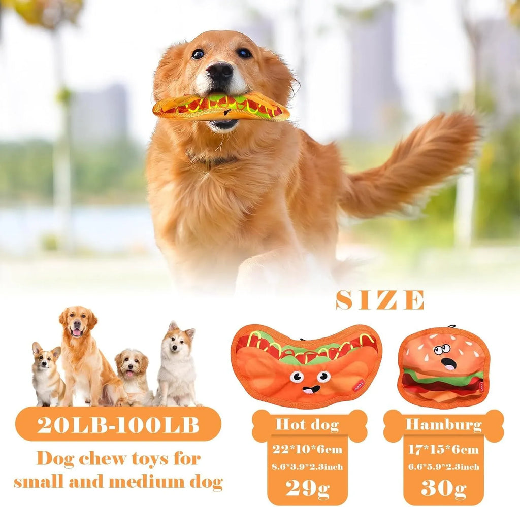 Crinkle and squeaky dog toys in hamburger, fries, hot dog and pizza designs without stuffing