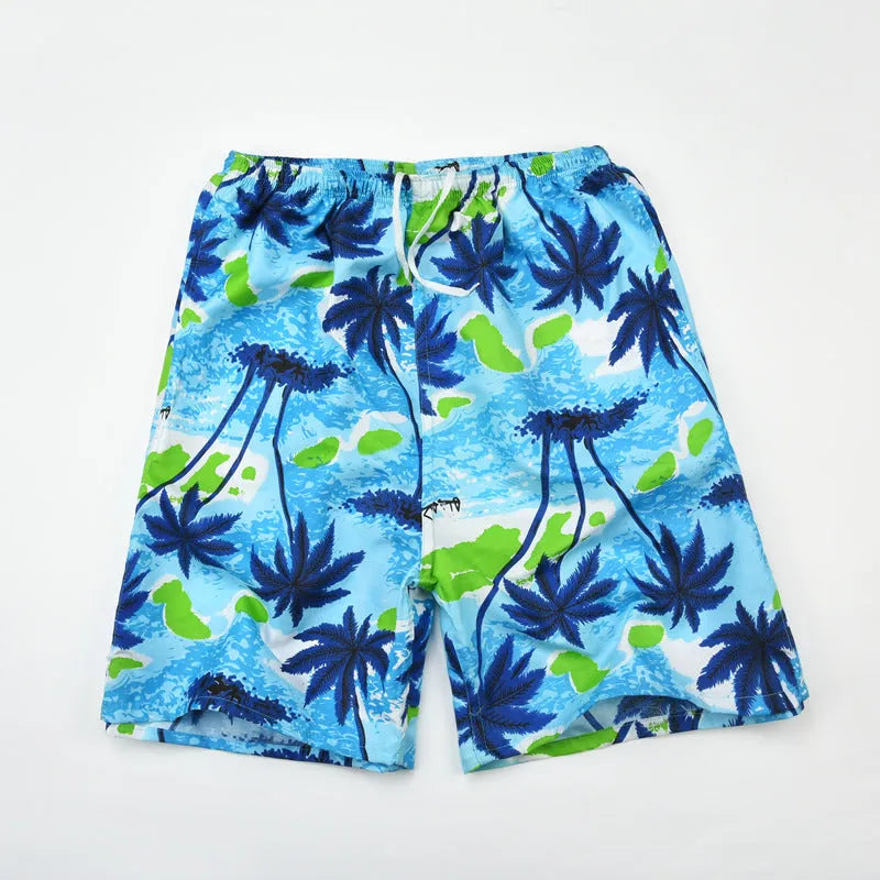Men's casual floral print five-point swimming trunks made from polyester fabric.