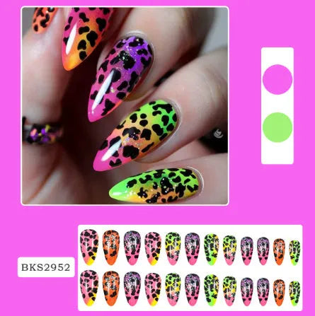 Wear Armour frosted finish nail stickers in medium almond shape showing four designs: French leaves, colourful plating, macarons, and leopard print.