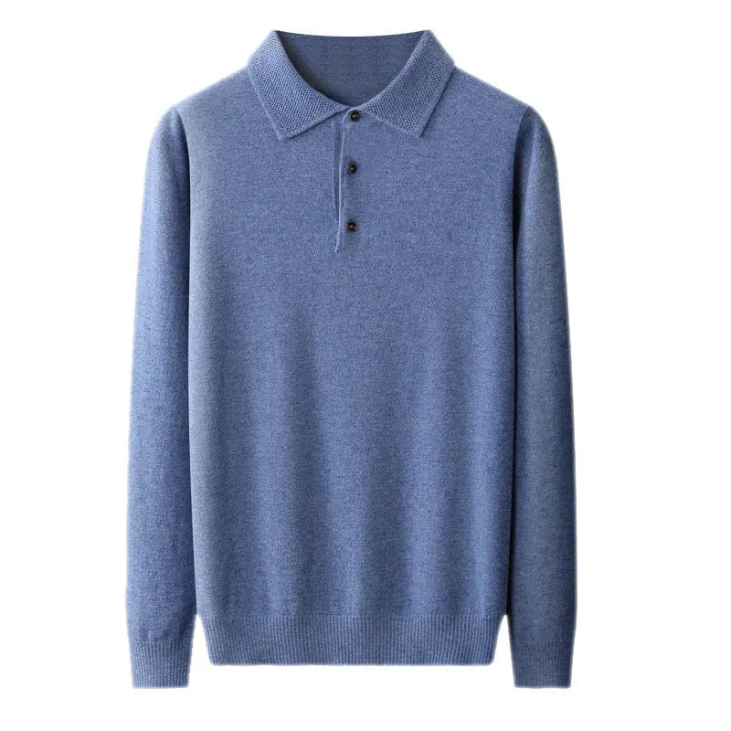 Men's grey wool polo collar sweater on a hanger, showing long sleeves and smart collar detail