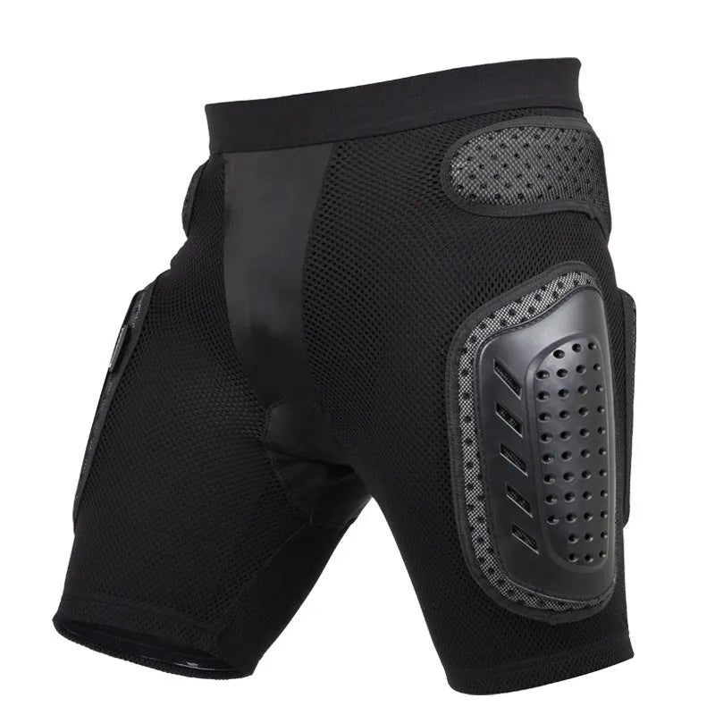 Black cycling hip pad pants with integrated hip protection panels in multiple sizes