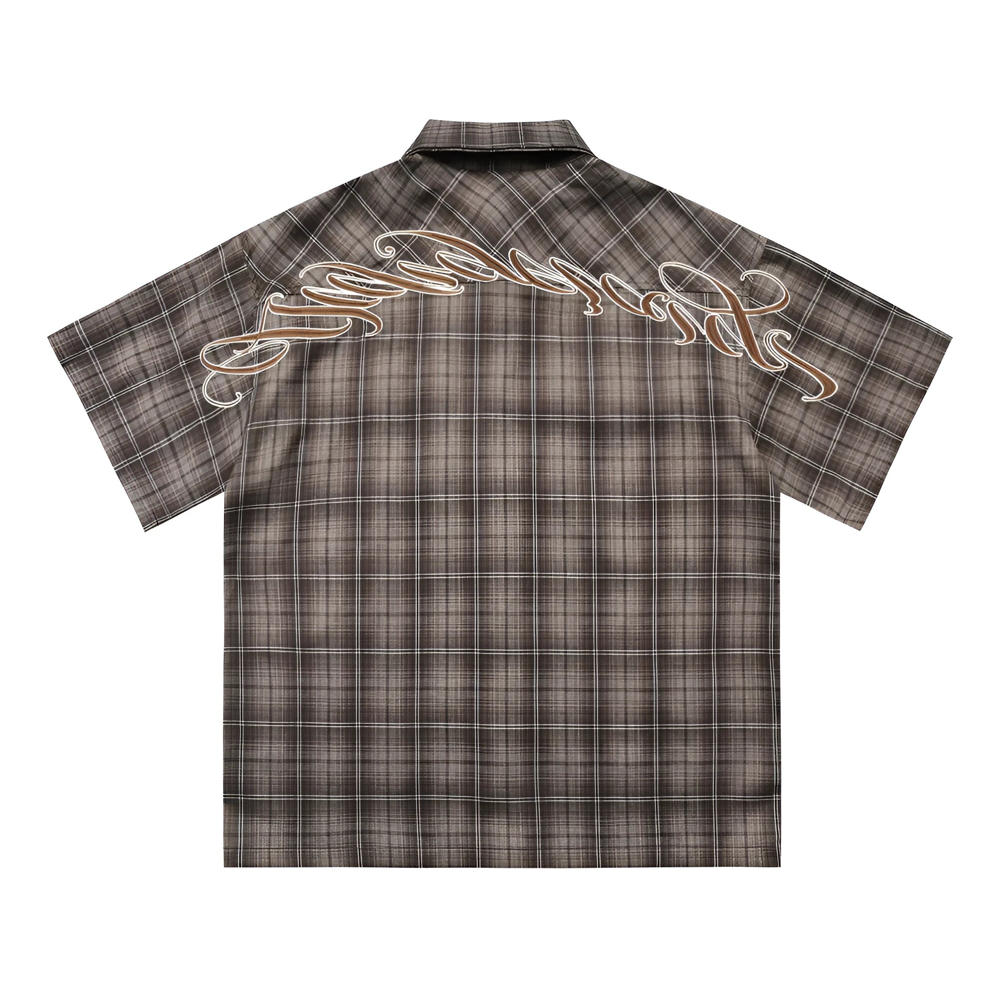 Men's black and brown plaid short sleeve shirt with embroidered letter design and lapel collar.