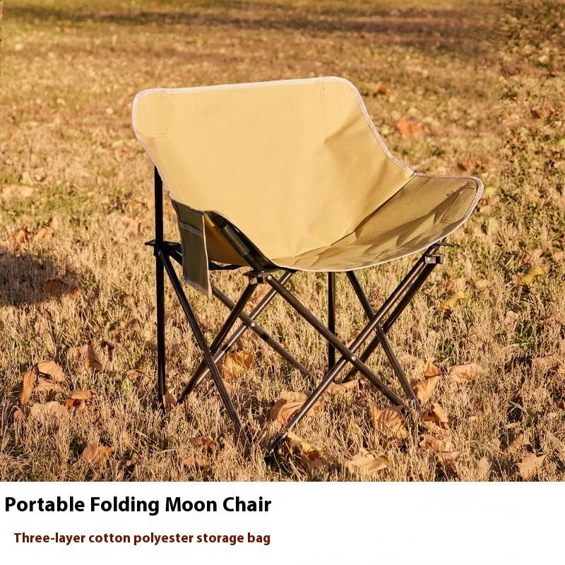 Beige folding camping chair with steel frame and Oxford cloth seat in open position