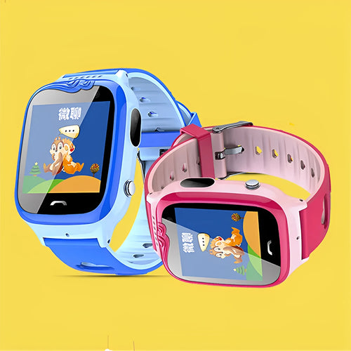 Children's smartwatch with pink silicone wristband showing HD touch screen and camera