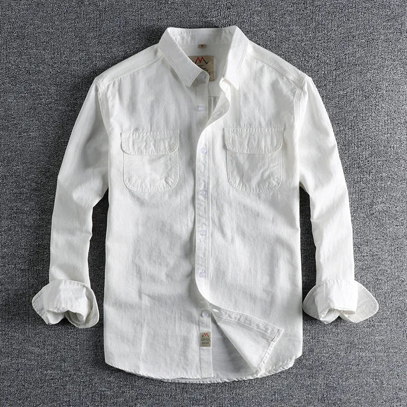 Men's solid colour long sleeve cotton shirt in cardigan style, shown in light blue.