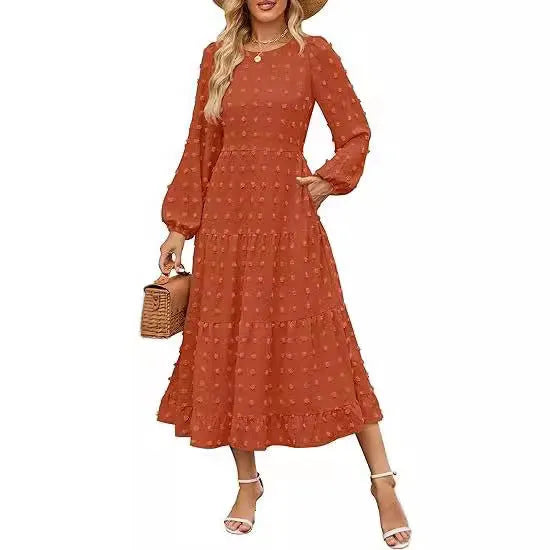 Women's long sleeve high waist casual dress with ruffled sleeves in a solid colour.