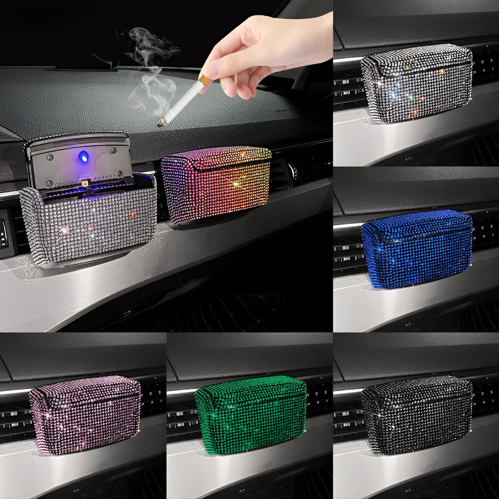 Plastic car ashtray with covered air outlet in colourful diamond finish