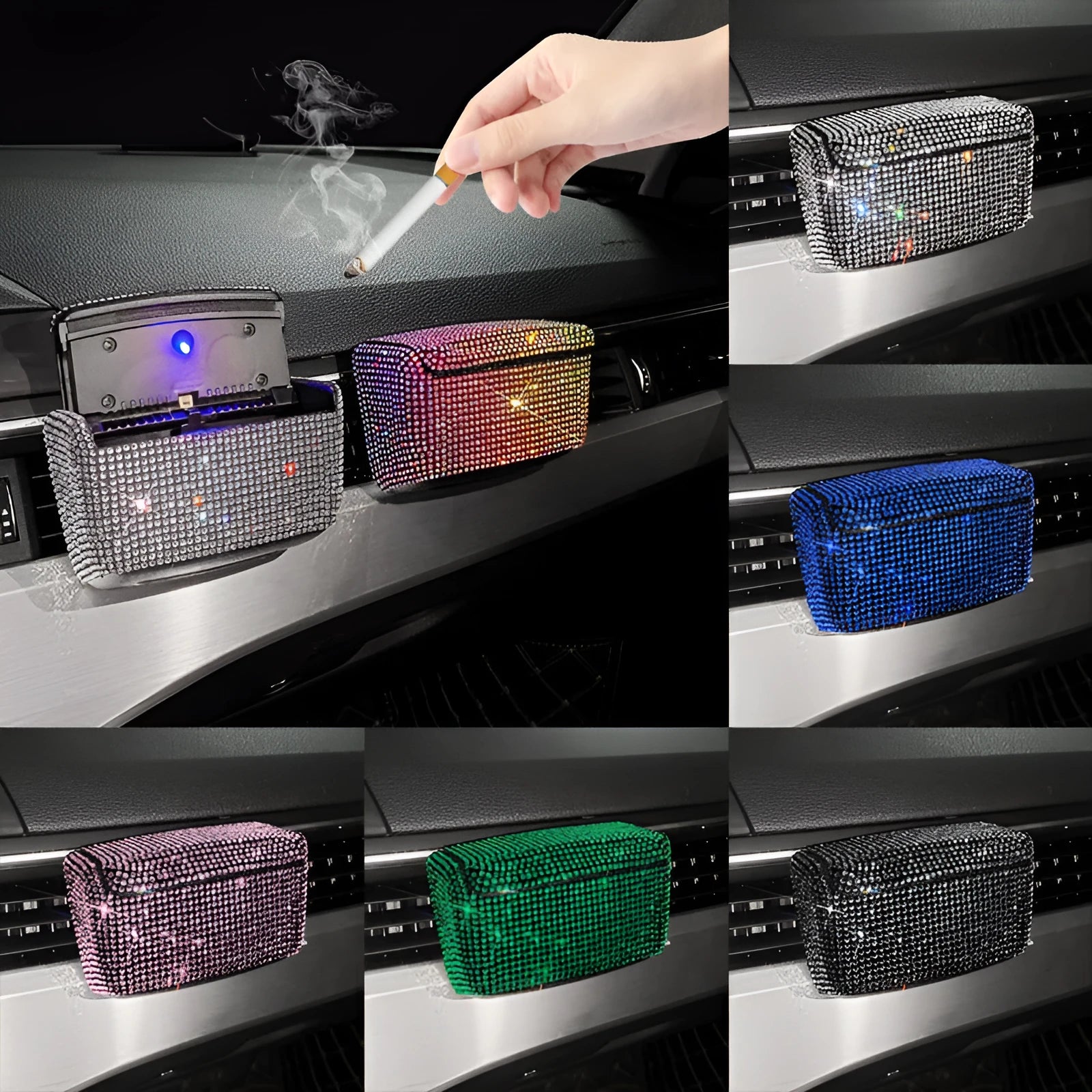 Plastic car ashtray with covered air outlet in colourful diamond finish