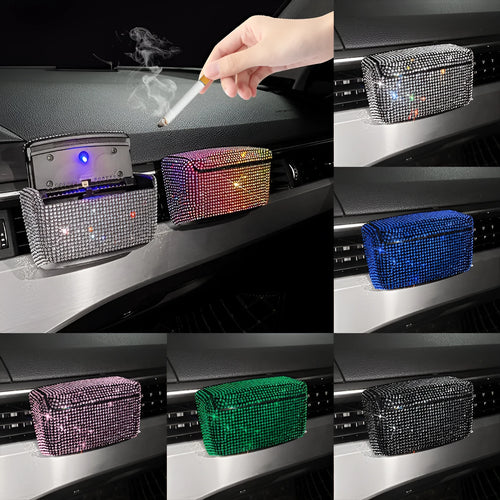 Plastic car ashtray with covered air outlet in colourful diamond finish