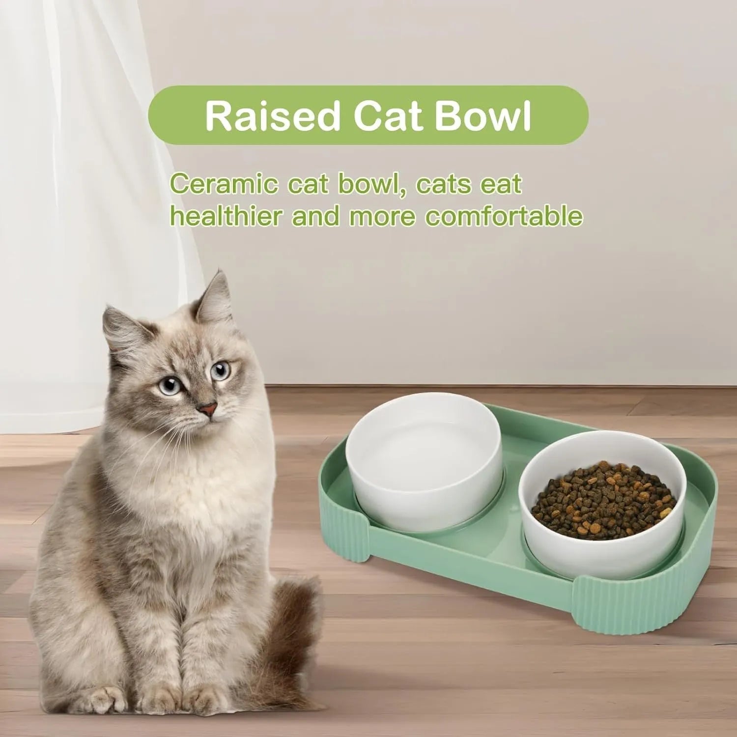 Ceramic elevated cat bowls with 15 degree tilt and non-slip base in green, white or yellow