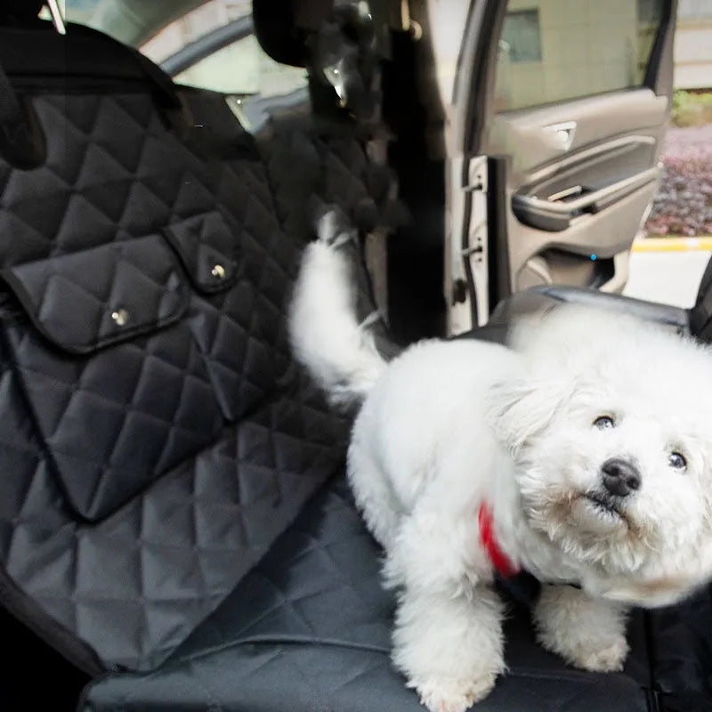 Black polyester two-seater rear car pet mat with detachable construction for pet travel