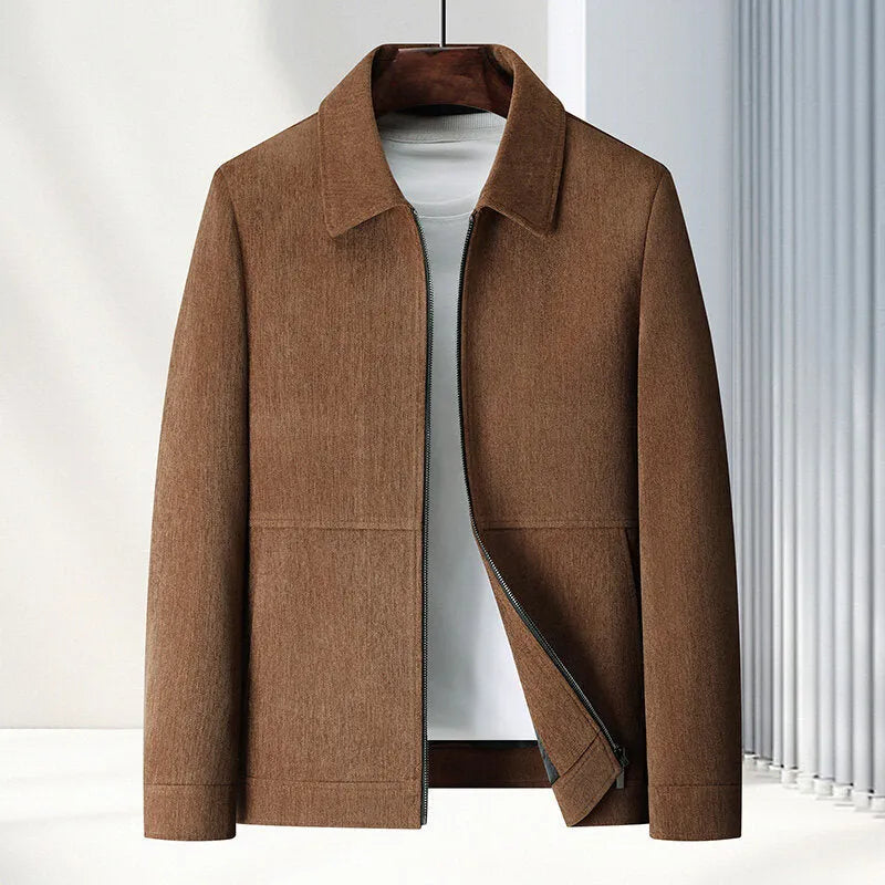 Men's slim-fit casual lapel coat in brown, shown on a model.