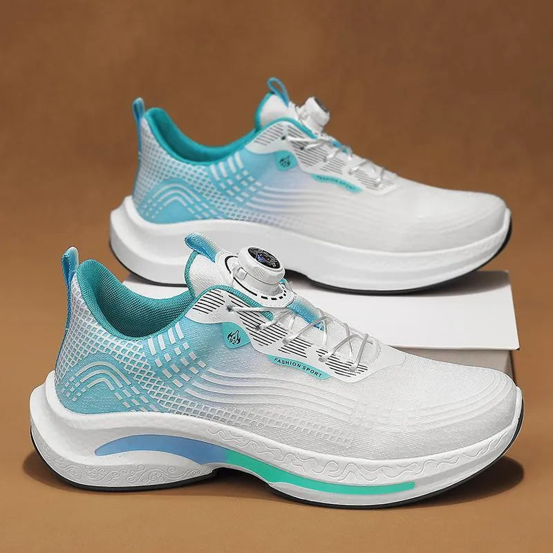 Men's low-top white and blue sneaker with a rotating buckle and mesh upper.