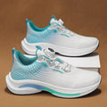 Men's low-top white and blue sneaker with a rotating buckle and mesh upper.