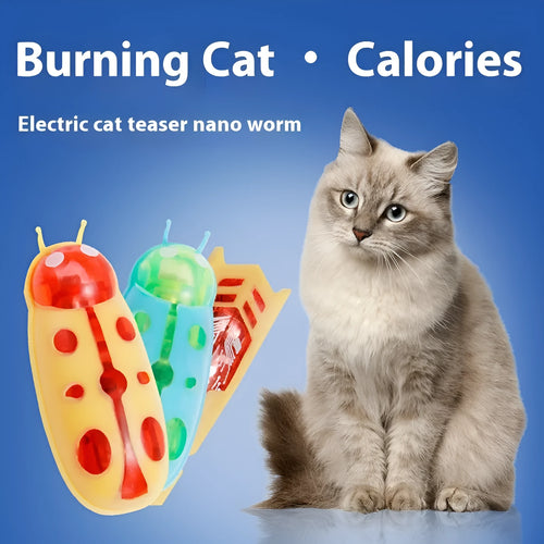 Miniature electric cat teaser toy with ladybug and iron cow designs in red, black, green, and purple colours