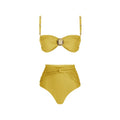 Yellow and green women's high waist two-piece bikini swimsuit with a separate skirt laid flat.