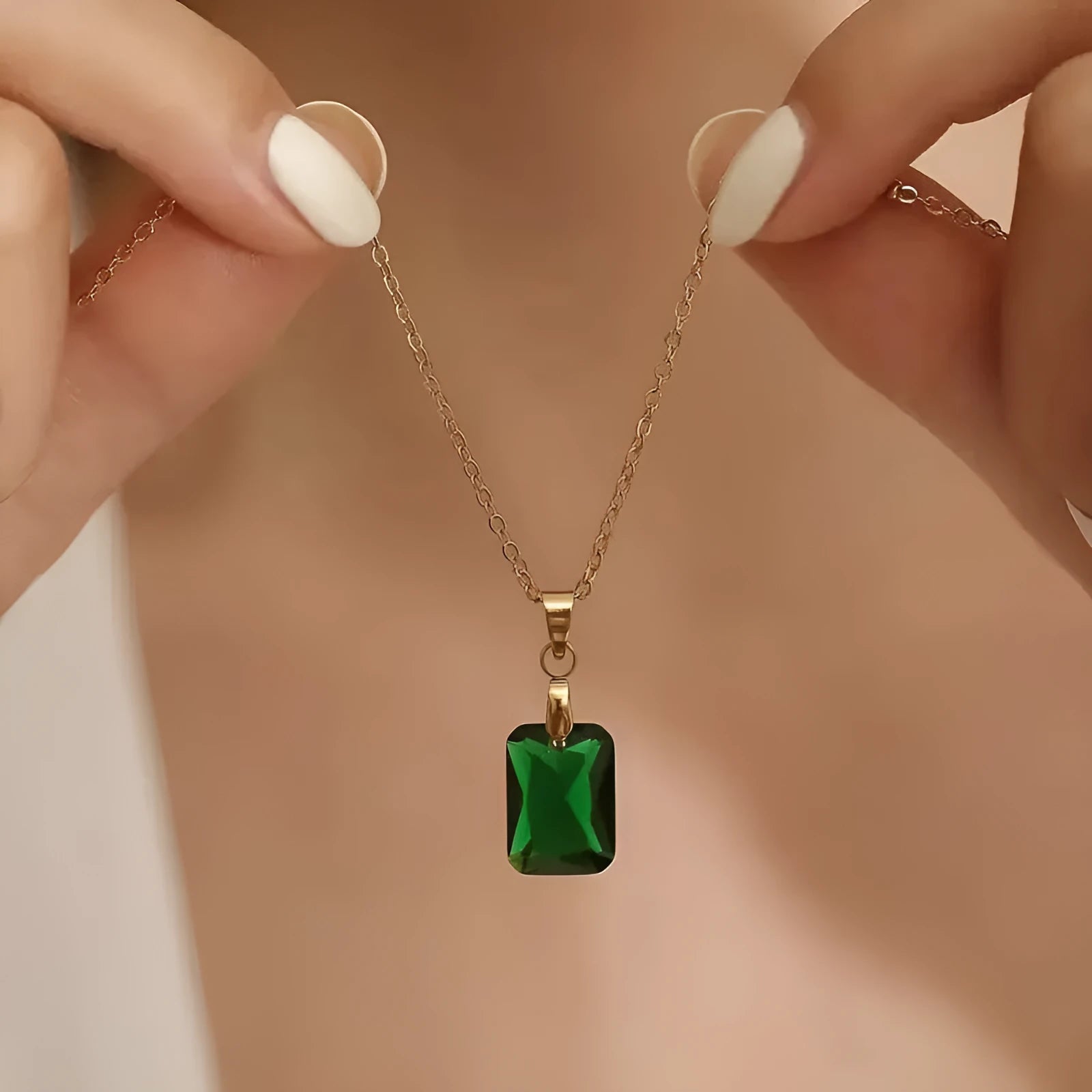 Rectangular copper geometric pendant necklace with green finish and O-ring chain