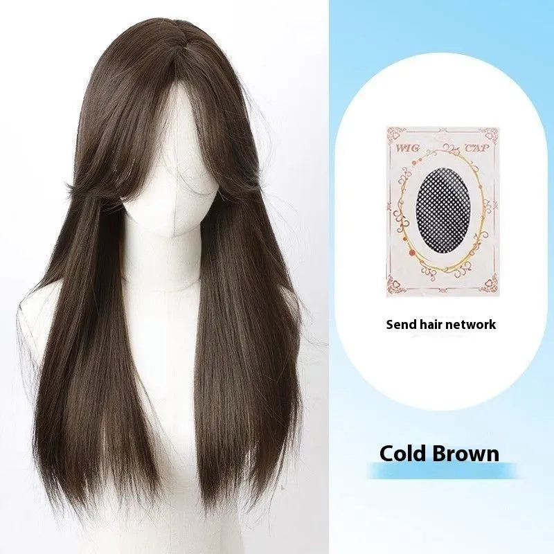 Forehead lace long straight full-head wig in dark brown colour with side bangs styling