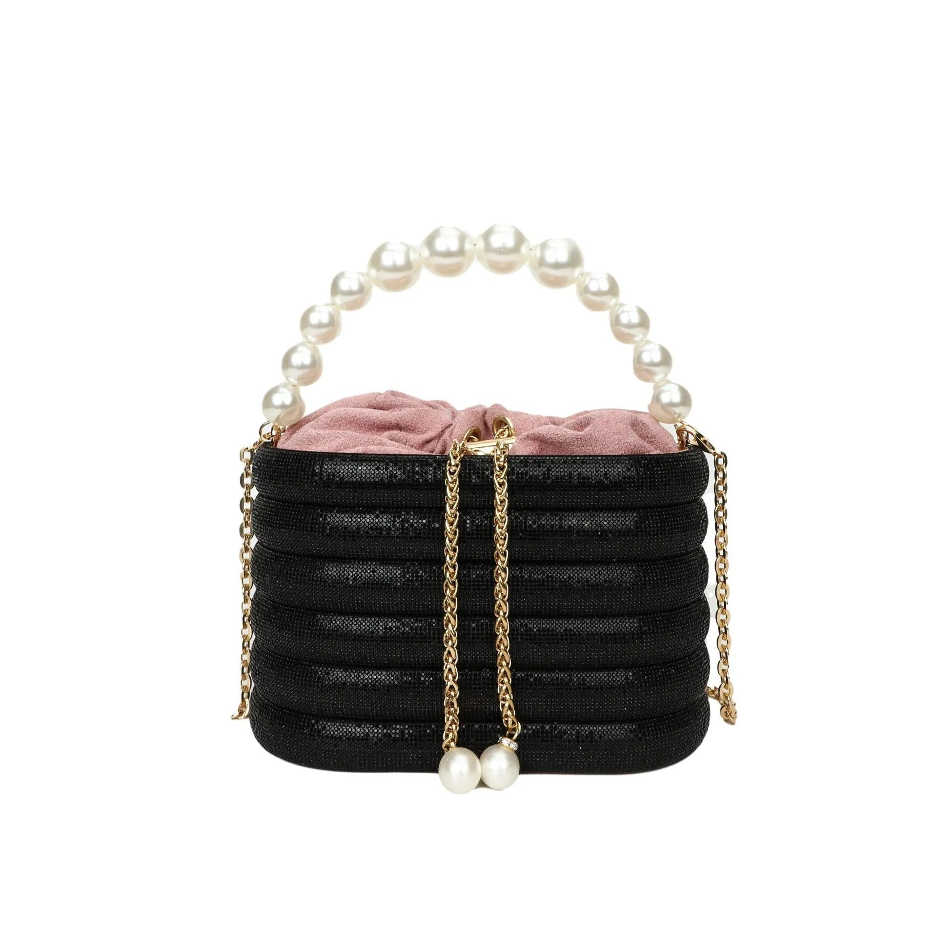 Women's retro style crossbody bag with pearl beads and rounded shape in soft PU material