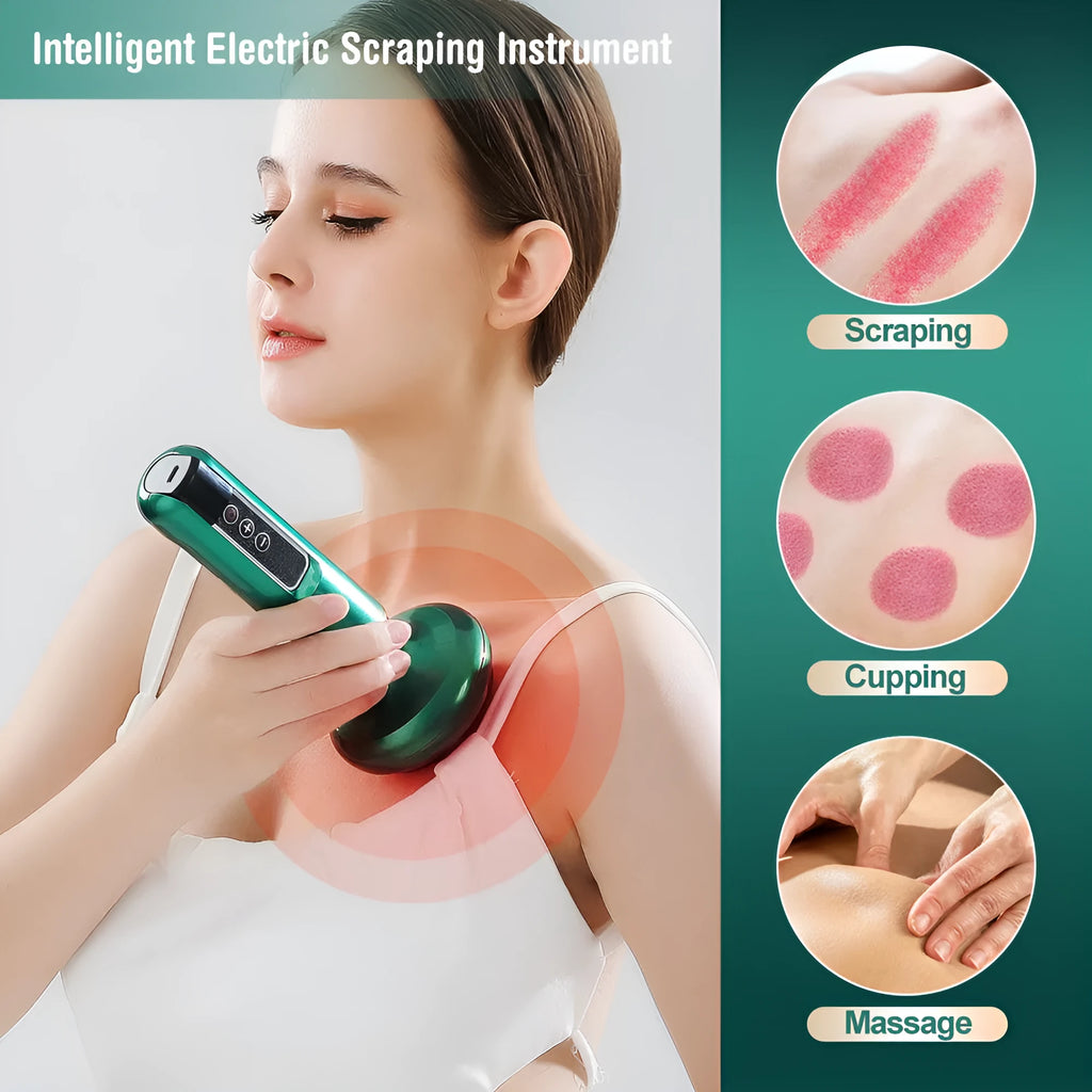 Green electric vacuum cupping massager with USB charger and essential oil head