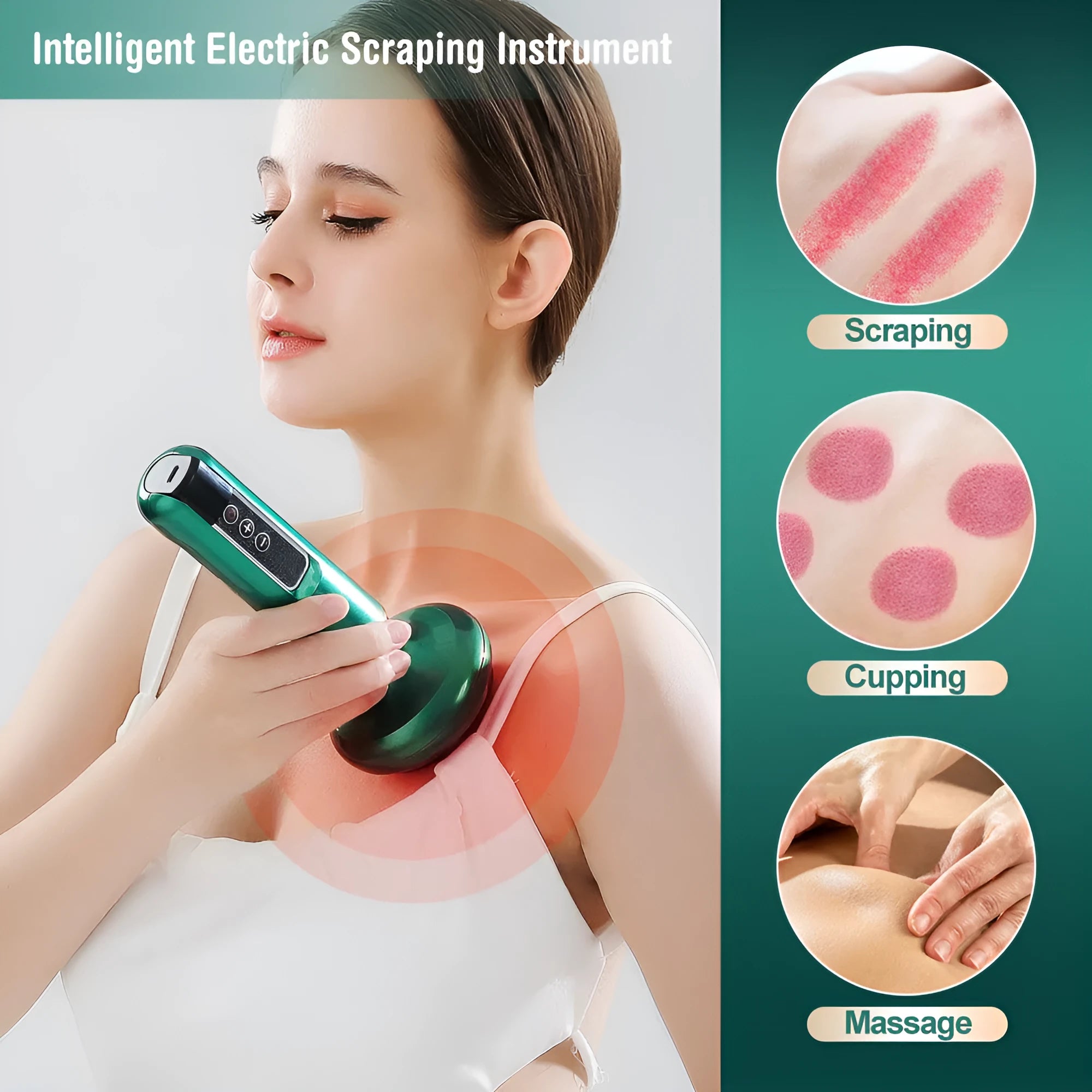 Green electric vacuum cupping massager with USB charger and essential oil head