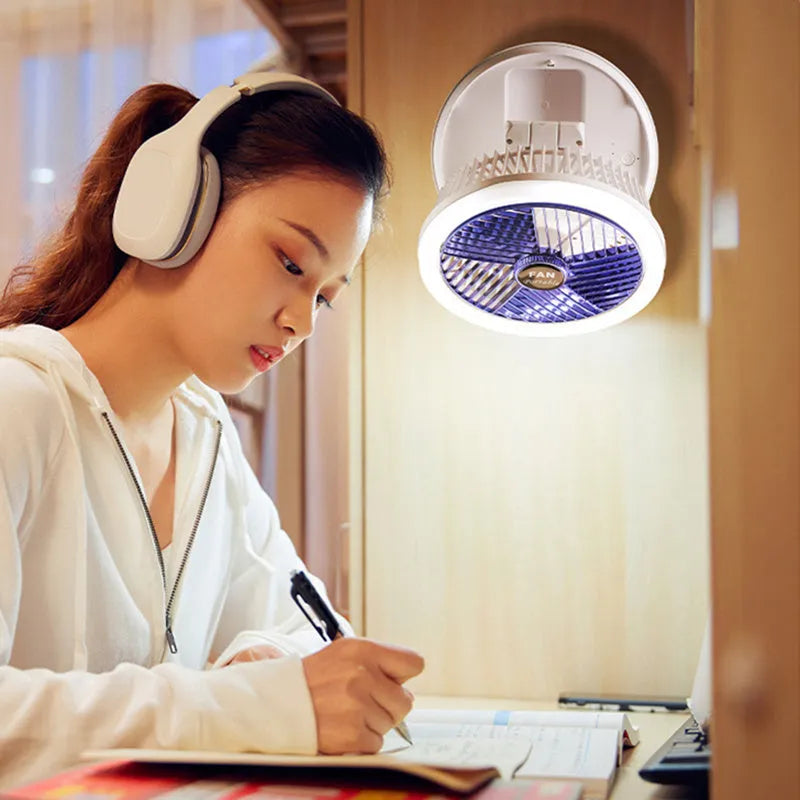 Blue or grey foldable USB fan with LED light showing 300° rotation and multiple mounting options