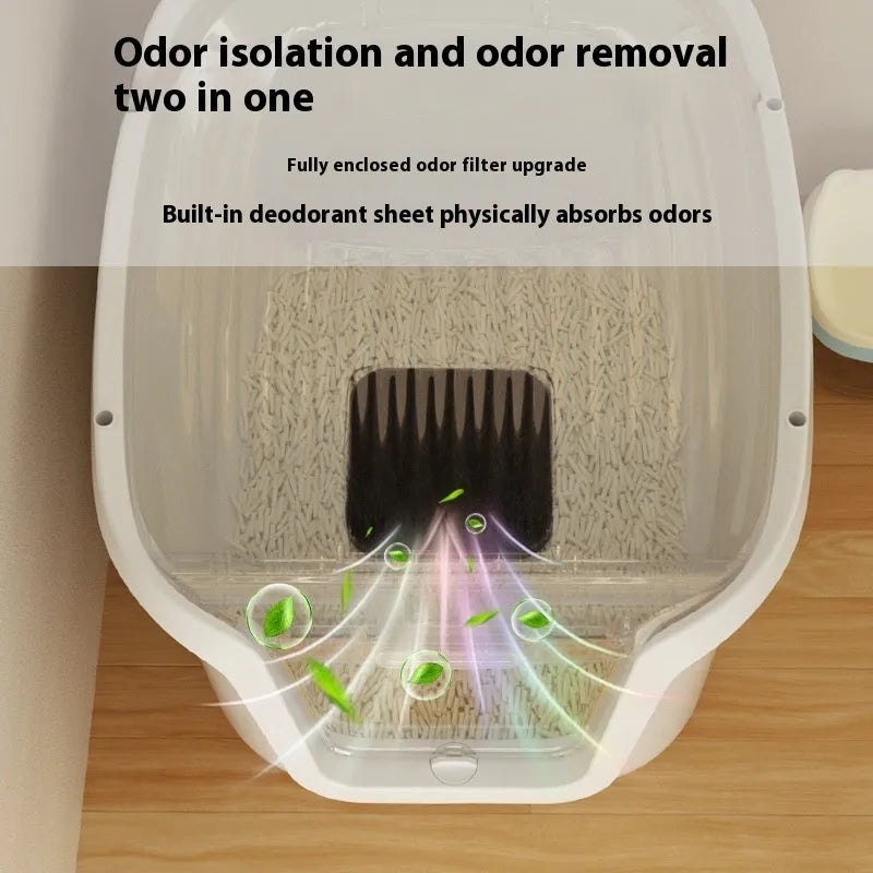 Fully enclosed splash-proof cat litter basin in grey with rolling tail top-in design and included accessories