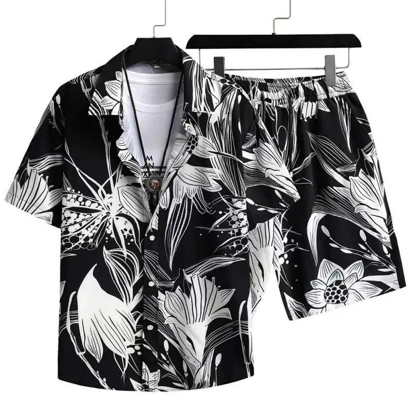 Men's digital print cardigan suit with short sleeve shirt and elastic shorts in polyester fabric