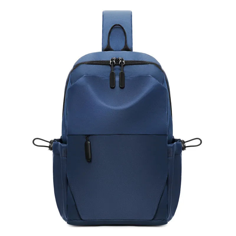 Men's grey lightweight messenger chest bag showing front view and open large main compartment