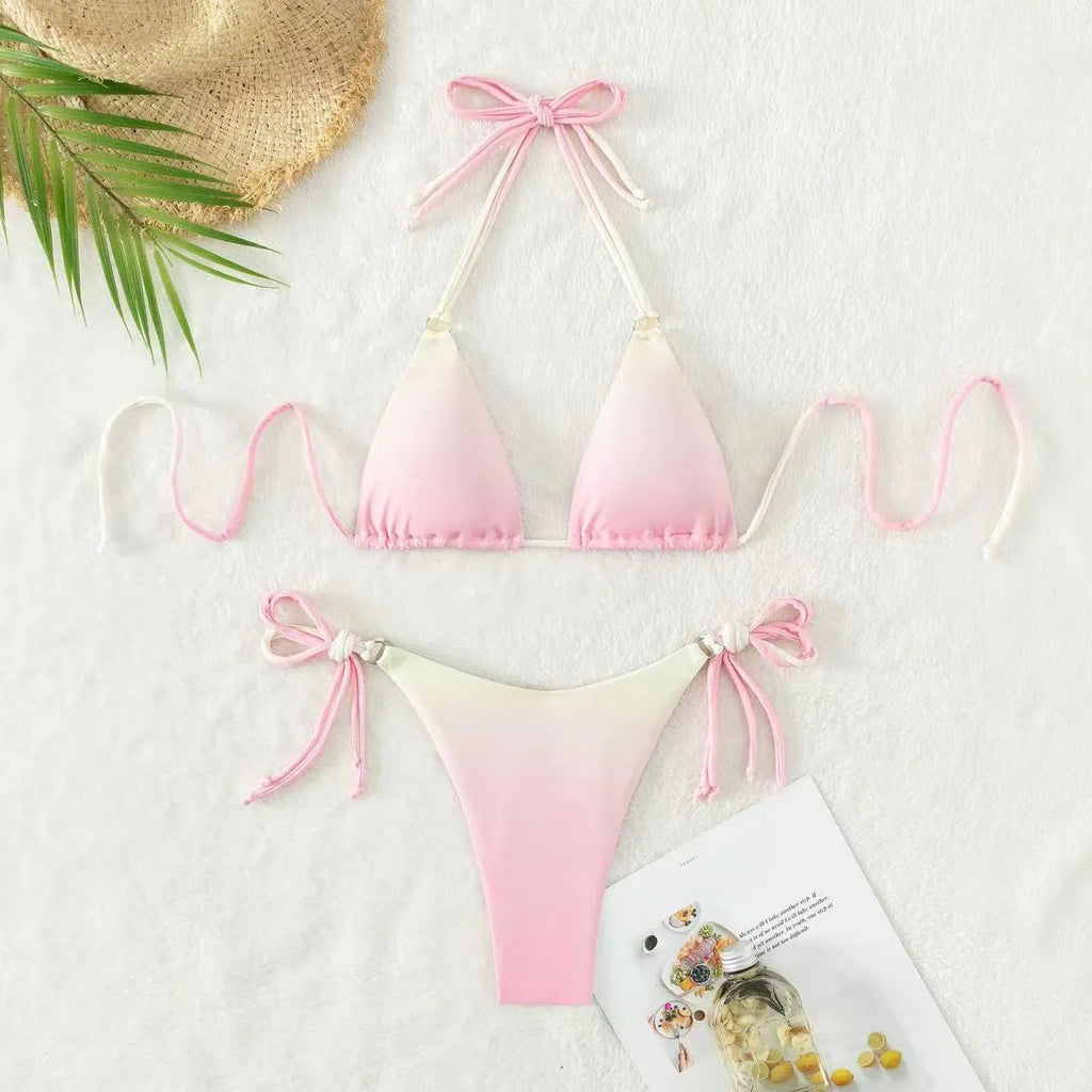 Women's separate bikini swimwear in a gradient colour with a bikini top and briefs bottom.