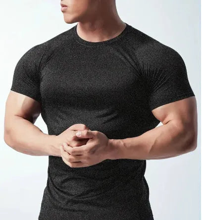 Men's grey quick-dry stretch running t-shirt on a hanger.